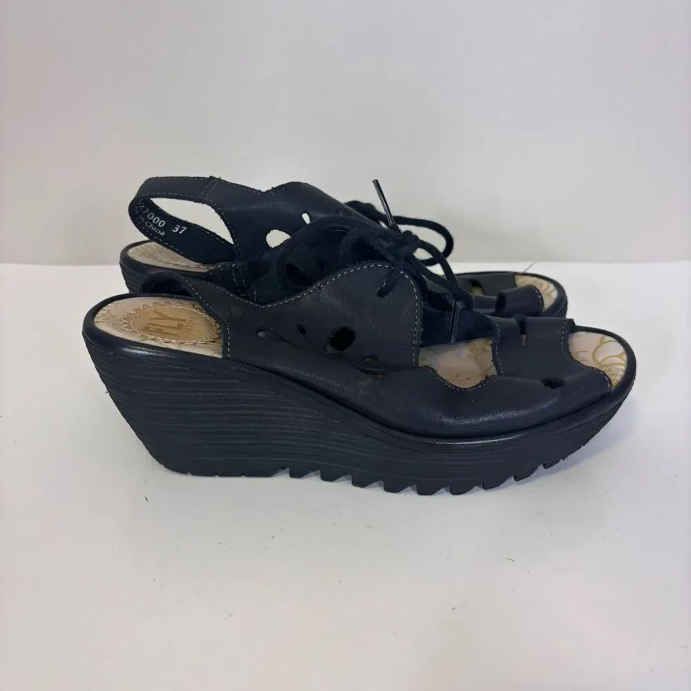 Fly London Black Leather Open Toe and Heel Cutout Detail Wedges‎ US 6